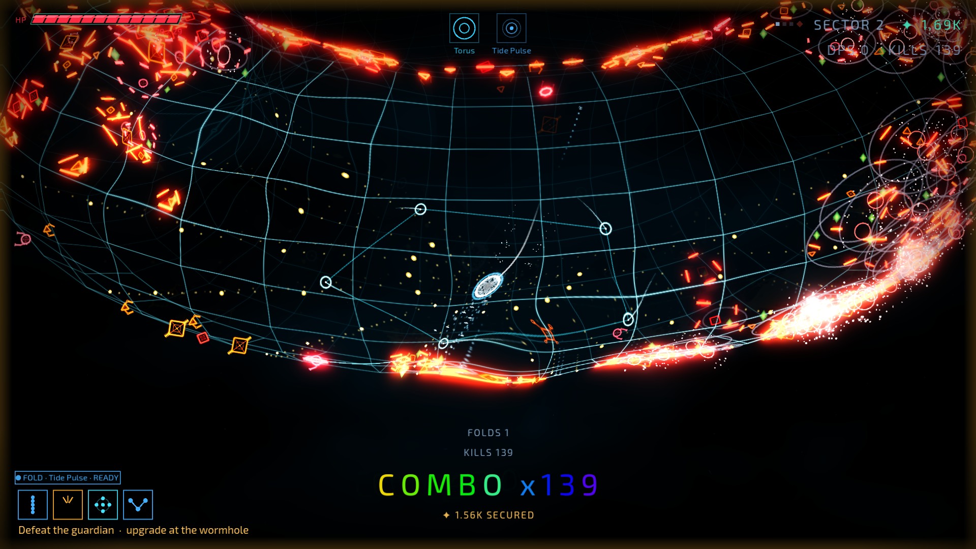 Soliton Burst gameplay: a white ship and its orbiting weapons fight a swarm across a neon torus
