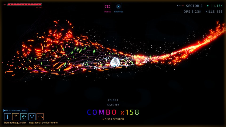 A Möbius strip twisting beneath the player and a stream of weapons